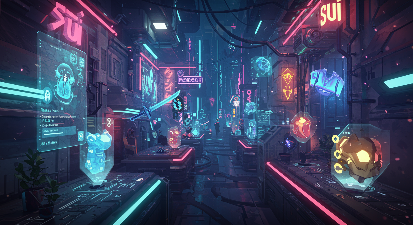 Eye-catching visual of game asset marketplace, Sui, smart contracts
and  Metaverse vibes