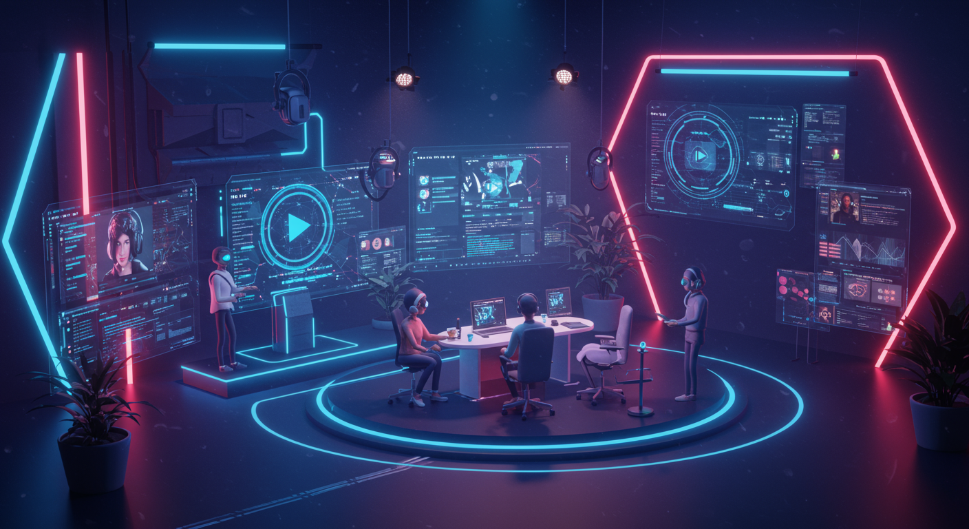 Eye-catching visual of AI video creation tool, text-to-speech generator, multimodal AI
and  Metaverse vibes