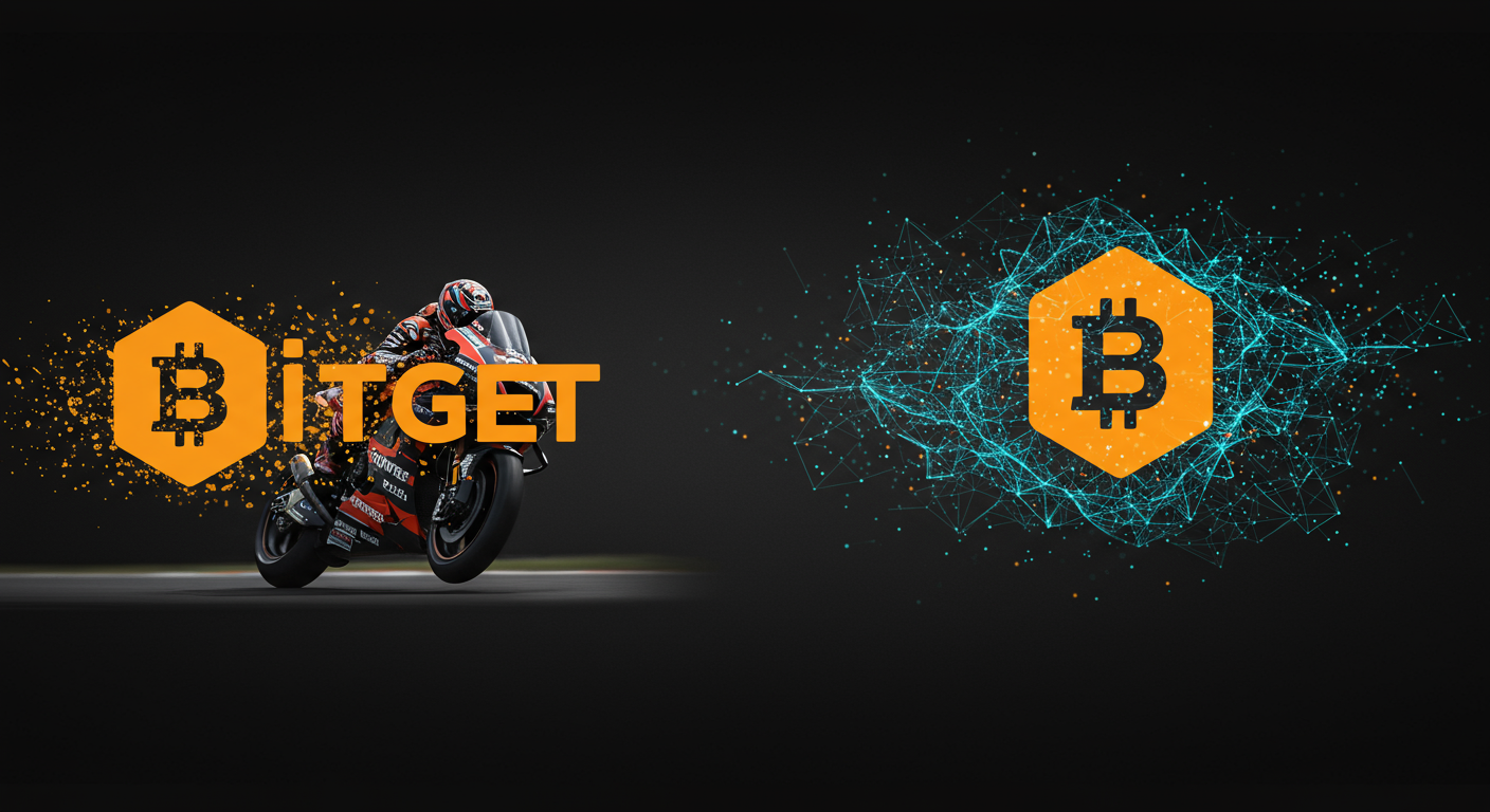 Bitget, MotoGP, cryptocurrency technology and Metaverse illustration