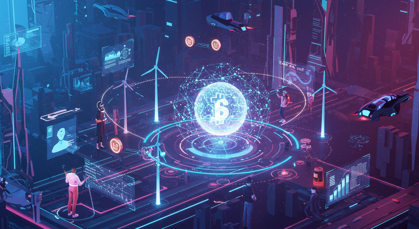 Eye-catching visual of tokenized clean energy, blockchain-based platform, yield-generating opportunities
and  Metaverse vibes
