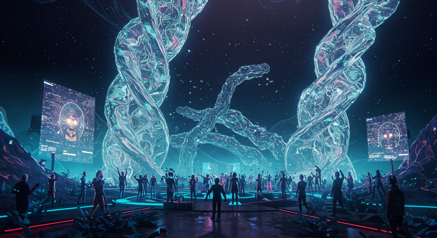 Eye-catching visual of Sogni AI, mainnet launch, decentralized AI
and  Metaverse vibes