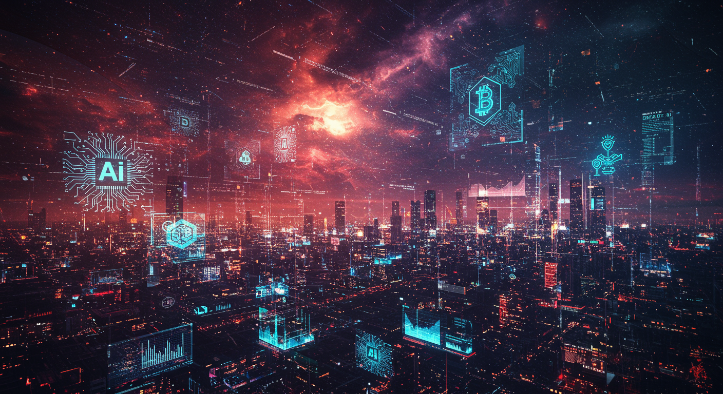Eye-catching visual of AI, blockchain, DeFi
and  Metaverse vibes