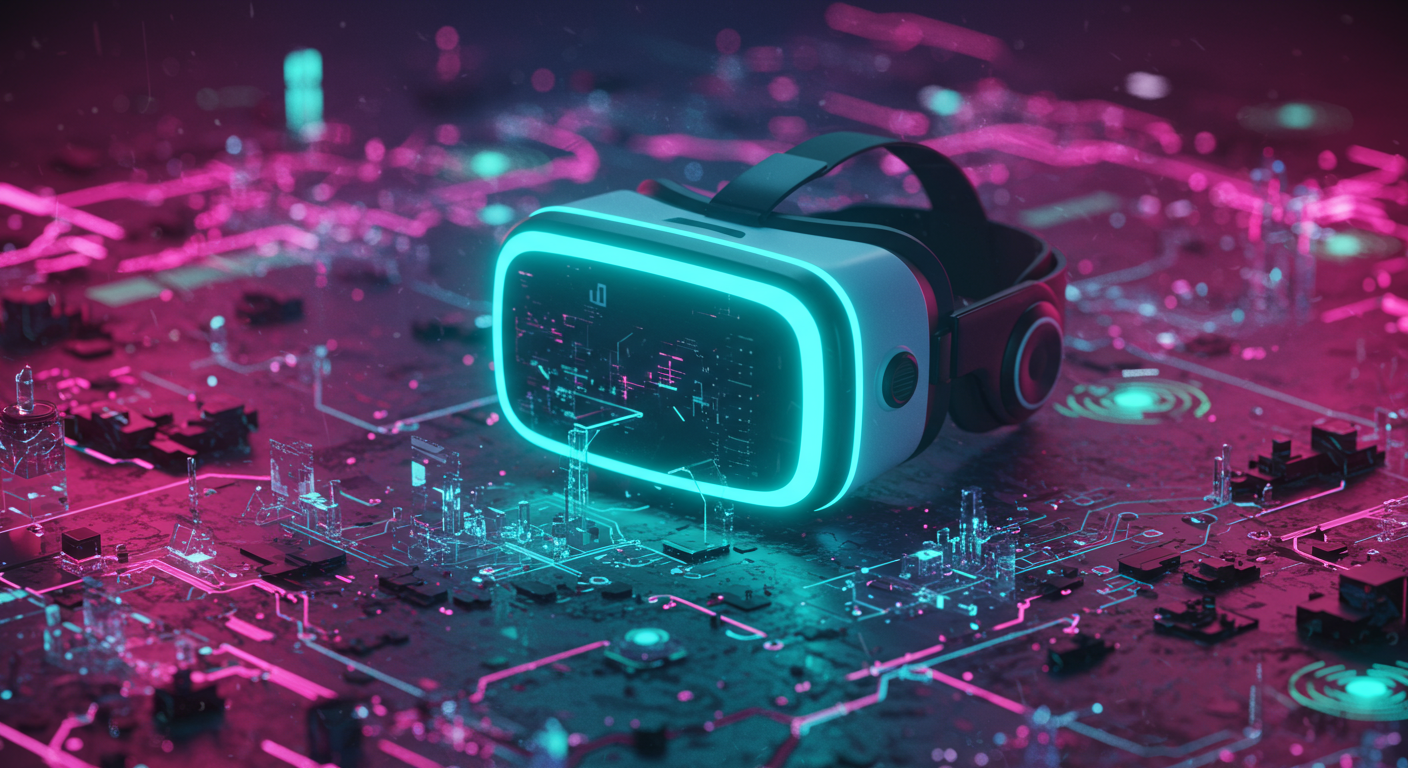 Eye-catching visual of VR hardware, LiDAR, virtual worlds
and  Metaverse vibes