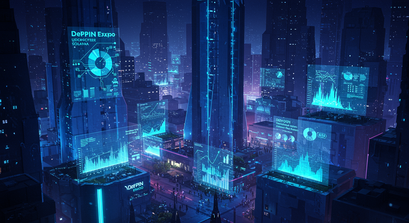 Future potential of DePIN Expo, Solana, blockchain
 represented visually