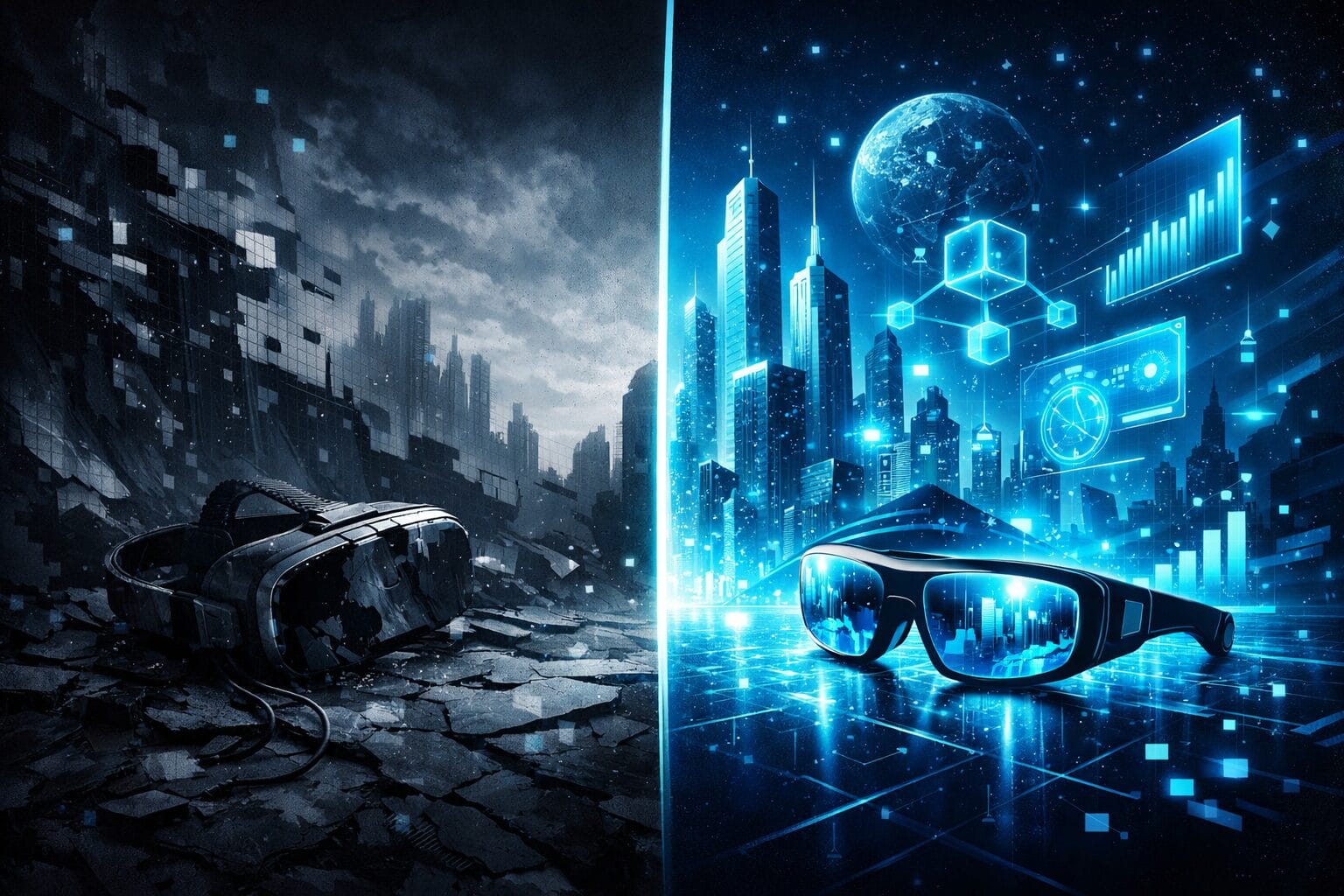 The Metaverse in 2026 - split image showing VR decline and AR/Web3 rise